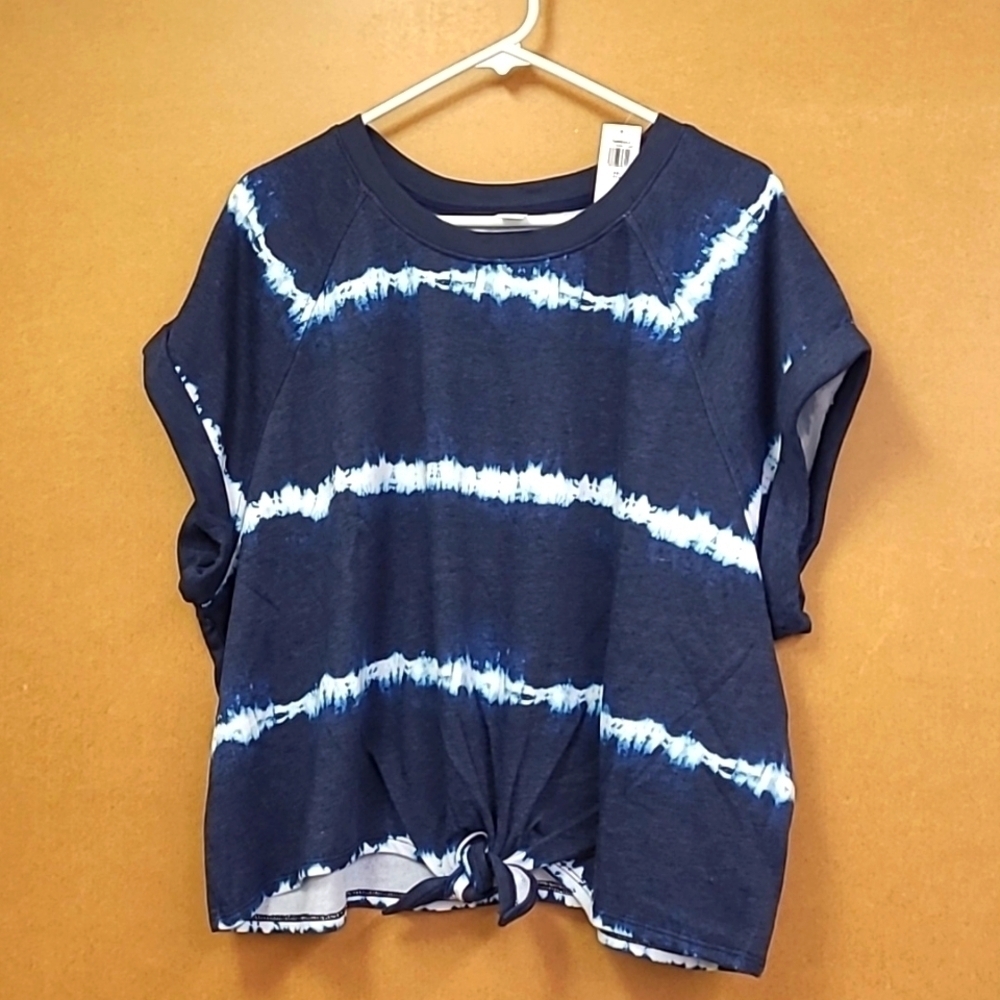 Old Navy Size XXL Navy Blue Tie Dye Cropped Tie Front T-Shirt